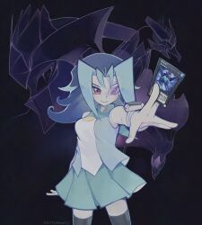  1girl between_fingers black_background blue_hair blue_skirt card card_between_fingers colored_bangs different_zoom_layer duel_disk duel_monster facing_to_the_side highres holding holding_card kamishiro_rio looking_ahead nuumigranate outline outstretched_arm parted_bangs pleated_skirt purple-tinted_eyewear red_eyes school_uniform scouter shirt skirt smile tinted_eyewear turning_head white_outline white_shirt yu-gi-oh! yu-gi-oh!_zexal 