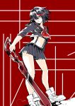  1girl black_hair blue_eyes kill_la_kill matoi_ryuuko melo_(m_0514) midriff multicolored_hair navel red_background redhead school_uniform senketsu short_hair signature skirt suspenders sword two-tone_hair weapon 