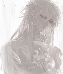  1boy absurdres ascot backlighting bing_qilin_ling bishounen blonde_hair braid closed_mouth colored_eyelashes curtains ear_piercing english_text expressionless hair_between_eyes hand_up highres holding holding_quill long_hair long_hair_between_eyes long_sleeves looking_down male_focus original parted_lips piercing pointy_ears quill sample_watermark see-through_curtains shirt side_braid solo third-party_source upper_body watermark weibo_watermark white_ascot white_background white_eyelashes white_hair white_shirt white_theme 