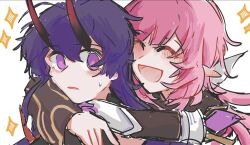  2girls bilizinger chinese_commentary closed_eyes commentary_request elysia_(honkai_impact) elysia_(miss_pink_elf)_(honkai_impact) highres honkai_(series) honkai_impact_3rd horns long_hair multiple_girls open_mouth parted_lips pink_hair pointy_ears purple_hair raiden_mei raiden_mei_(herrscher_of_thunder) red_horns red_pupils smile violet_eyes 