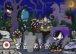  aqua_sclera bare_tree black_sclera blue_fire calyrex calyrex_(rider) closed_mouth clouds cofagrigus colored_sclera commentary crescent_moon dusclops dusknoir duskull fang fire floating gastly gengar golbat graveyard grin haunter highres houndstone litwick misdreavus moon night official_artist_extra one-eyed only_my_railgun osare_graffiti outdoors pine_tree pokemon pokemon_(creature) pokemon_focus pumpkaboo rayman_limbs red_eyes sharp_teeth shuppet signature sky smile solid_oval_eyes spectrier star_(sky) statue teeth tombstone tree trevenant untranslatable_commentary upside-down v-shaped_eyes violet_eyes yellow_pupils yellow_sclera 