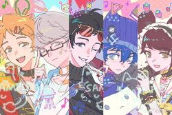  2girls 3boys adachi_tooru animal_collar black_hair blue_hair brown_hair cherry closed_mouth collar column_lineup food fruit grey_hair hair_ornament hairclip hanamura_yousuke hat kujikawa_rise maid_headdress multiple_boys multiple_girls musical_note narukami_yu open_mouth orange_hair persona persona_4 rectangular_eyewear shirogane_naoto short_hair strawberry tinted_eyewear twintails yancc 