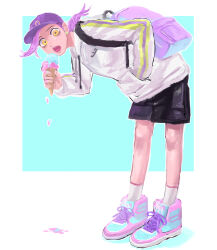  1boy ao_(miteruzo) backpack bag baseball_cap bent_over braid commentary_request food hand_in_pocket hat highres holding holding_ice_cream_cone hood hood_down hoodie ice_cream ice_cream_cone jojo_no_kimyou_na_bouken leaning_forward long_hair long_sleeves male_focus open_mouth purple_hair shoes shorts sneakers socks solo vento_aureo vinegar_doppio yellow_eyes 