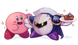  2boys armor blush_stickers cake cape chiimako food gloves holding kirby kirby_(series) looking_at_viewer mask meta_knight multiple_boys no_humans open_mouth simple_background smile white_background yellow_eyes 