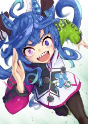  1girl @_@ ahoge animal_ears animal_hood blue_eyes blue_hair blush boots brown_leggings coat commentary_request crossed_bangs drawstring heterochromia highres hood hooded_coat hoodie horse_ears horse_girl horse_tail leggings long_hair long_sleeves momami_mo_ma multicolored_coat multicolored_hair multicolored_hoodie open_mouth rabbit_hood running sharp_teeth smile solo stuffed_animal stuffed_rabbit stuffed_toy sweat tail teeth twin_turbo_(blast_mode!_turbo_engine)_(umamusume) twin_turbo_(umamusume) twintails umamusume violet_eyes yellow_boots 