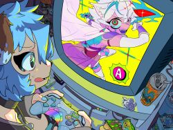  +_+ 2boys :q animal_ears animal_nose black_choker black_shirt blue_hair blue_nails borrowed_character character_request chips_(food) choker clutter colored_skin commission controller dog_boy dog_ears droopy_ears fisheye food from_behind furrowed_brow game_console game_controller highres holding holding_controller holding_game_controller indoors looking_at_screen male_focus miz0_mmm333 multicolored_eyes multiple_boys nail_polish non-web_source original pink_skin playing_games second-party_source shirt sweatdrop tongue tongue_out trap two-handed two-tone_eyes used_tissue 