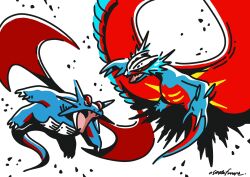  animal_focus claws commentary dragon dragon_wings english_commentary fangs flying highres no_humans nostrils official_art open_mouth osare_graffiti pokemon roaring_moon salamence signature white_background wings 