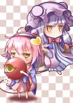  2girls 324cm blouse bow checkered checkered_background chibi covering_mouth double_bun dress hair_bow hairband heart highres komeiji_satori long_hair looking_at_viewer mob_cap multiple_girls oversized_object patchouli_knowledge payot pink_hair purple_hair robe short_hair simple_background skirt smile striped striped_dress third_eye touhou yellow_eyes 