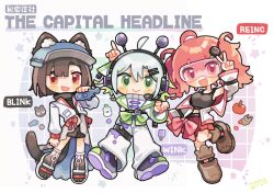  3girls :d animal animal_ear_fluff animal_ears antennae black_shirt black_shoes black_shorts black_socks blue_hat blunt_bangs blush_stickers boots brown_boots brown_hair cat_ears cat_girl cat_tail chibi chibi_only closed_mouth commentary_request crossed_bangs double-parted_bangs english_commentary fish full_body goggles green_hair green_shirt hair_between_eyes hair_ornament hairclip hand_up hat headphones highres holding holding_animal holding_fish jacket long_sleeves looking_at_viewer mixed-language_commentary multiple_girls open_clothes open_jacket open_mouth original pants parallel_hairclips pointing red_hair sandals shirt shoe_soles shoes short_hair shorts smile socks standing standing_on_one_leg tabunnanhun tail turtleneck turtleneck_shirt v white_jacket white_pants white_sandals 