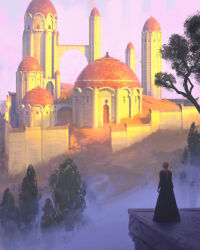  1girl absurdres arch black_dress brick_wall building commentary day dome dress english_commentary fog from_behind highres landscape long_hair original outdoors painterly pink_sky raja_nandepu red_hair scenery sky standing sunlight tower tree 