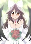  blush bouquet bow breasts brown_eyes brown_hair bwell cleavage dress flower hair_bow jewelry long_hair necklace reiuji_utsuho smile solo touhou wedding_dress wings 