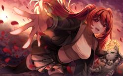  1girl :d absurdres animal baby_animal black_jacket black_skirt black_thighhighs cat commission flower green_eyes grey_cat grey_fur hair_between_eyes halo halter_shirt halterneck highres holding holding_animal holding_cat indie_virtual_youtuber jacket kitten long_hair looking_to_the_side marryofblood midriff navel open_mouth petals reaching red_eyes red_hair rose rose_petals running shirokiichan sidelocks sideways_glance skirt smile sunset thigh-highs two_side_up vgen_commission virtual_youtuber yellow_halo 