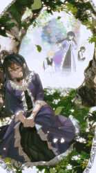  1481958711 1girl 2boys absurdres against_tree black_choker bloom border chain choker chromatic_aberration dress earrings faceless falling_leaves falling_petals film_grain flower frilled_dress frilled_sleeves frills full_body glowing glowing_flower glowing_petals grass hair_between_eyes highres jack_vessalius jewelry lacie_baskerville leaf long_hair memories multiple_boys on_ground oswald_baskerville own_hands_together pandora_hearts petals purple_dress red_eyes remembering short_sleeves smile tree white_border 