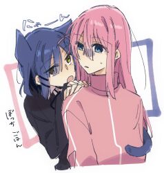  2girls animal_ears black_shirt blue_hair blue_tail blush bocchi_the_rock! cat_ears cat_girl cat_tail closed_mouth commentary_request hair_ornament hairclip hands_on_another's_shoulders hiding hiding_behind_another hitori_bocchi long_hair looking_at_another multiple_girls nose_blush open_mouth parallel_hairclips pink_hair pink_track_suit shirt short_hair sweatdrop tail tail_wrap track_suit turning_head upper_body yamada_ryo yellow_eyes yuuta_(monochrome) 