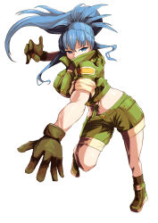  1girl absurdres blue_eyes blue_hair collared_jacket combat_knife commentary_request gloves green_jacket green_shorts highres jacket knife leona_heidern midriff military_uniform navel ponytail short_sleeves shorts soldier solo suspenders taka_no_oo the_king_of_fighters weapon white_background 
