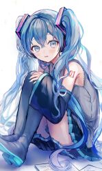  1girl absurdres aqua_eyes aqua_hair aqua_nails aqua_necktie aqua_trim arm_tattoo armpit_crease bare_shoulders black_skirt blush collared_shirt commentary_request fingernails hair_between_eyes hair_ornament hatsune_miku headset highres long_hair long_sleeves looking_at_viewer miniskirt nail_polish necktie number_tattoo open_mouth pink_ribbon pipi_(pipinavigation) pleated_skirt ribbon shirt sitting skirt sleeveless sleeveless_shirt solo tattoo twintails very_long_hair vocaloid 