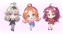  3girls :d ahoge akechi_anna antenna_hair arm_up arms_behind_back beret black_capelet black_dress black_ribbon black_shoes blazer blue_skirt blunt_bangs blunt_ends blush boots brown_hair brown_shoes buttons capelet chibi chibi_only clenched_hand closed_mouth commentary crossed_bangs double-breasted double_bun dress frilled_dress frills full_body gold_buttons green_eyes grey_pantyhose hair_between_eyes hair_bun hair_intakes hair_ribbon hand_on_own_hip hat highres jacket jewelry kobayashi_mikuru leg_up loafers long_hair long_sleeves looking_at_viewer mary_janes medium_dress medium_hair meitantei_precure! miniskirt moria_luluka multiple_girls necklace open_mouth orange_hair outline pantyhose parted_bangs parted_lips pendant pigeon-toed pink_background pink_ribbon pink_shirt pleated_skirt precure purple_boots purple_hair purple_hat purple_shirt red_jacket red_skirt ribbon shirt shoes sidelocks simple_background skirt smile socks split_mouth teeth thick_eyebrows thigh-highs tuchan two-tone_shirt two_side_up upper_teeth_only violet_eyes waving white_outline white_shirt white_socks white_thighhighs 