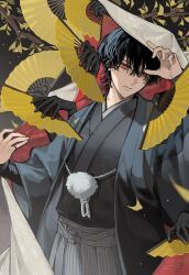  1boy black_hair black_skin branch colored_skin commentary_request disembodied_hand folding_fan ginkgo_tree hakama hand_fan hand_up highres holding holding_fan japanese_clothes jewelry looking_at_viewer original red_eyes ring uminonew 
