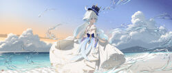 1girl absurdres ahoge backless_dress backless_outfit bare_back bare_shoulders beach black_hat blue_bow blue_eyes blue_gem blue_hair blue_sky bouquet bow breasts chinese_commentary clothes_lift clouds commentary cowboy_shot day dress dress_lift drop-shaped_pupils dust elbow_gloves eyelash_ornament floating_hair from_behind from_side furina_(genshin_impact) gem genshin_impact gloves hair_between_eyes hat heterochromia highres island long_hair looking_at_viewer looking_back looking_to_the_side medium_breasts mountain multicolored_hair ocean outdoors sand simple_bird skirt_hold sky sleeveless sleeveless_dress smile solo streaked_hair sunset symbol-shaped_pupils thighs top_hat two-tone_hair very_long_hair water white_dress white_gloves white_hair wind yintengmu 