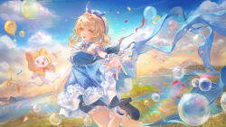 1girl :d absurdres ahoge arm_garter balloon beret black_shoes blonde_hair blue_bow blue_sky bow bubbly_voyage_(infinity_nikki) chinese_commentary clouds cloudy_sky commentary_request confetti cowboy_shot from_side hair_intakes hair_ornament hair_rings hat hat_bow highres horizon infinity_nikki jumping lake leg_up lens_flare looking_at_viewer looking_back midair momo_(nikki) nikki_(series) open_hand open_mouth outdoors outstretched_arm shoe_soles shoes sky smile soap_bubbles sparkle spread_fingers sun whiskers white_hat xiao_xiong_keke_aoi yellow_eyes 