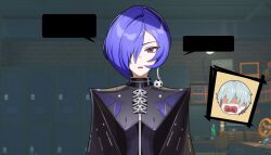  1boy 1girl absurdres black_cloak blank_speech_bubble blush cloak commentary crescent crescent_earrings earrings english_commentary grey_hair hair_over_one_eye highres indoors jewelry looking_at_viewer open_mouth promeia_(zenless_zone_zero) purple_hair short_hair speech_bubble spoken_character tony_maverick violet_eyes wise_(zenless_zone_zero) zenless_zone_zero 