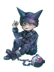  1boy arm_on_thigh ball_and_chain_restraint beanie belt between_fingers black_belt black_hat black_jacket black_pants black_shirt black_shoes blue_eyes blue_pants blue_shirt blush_stickers brown_hair buckle buttons cigarette collared_jacket commentary_request danganronpa_(series) danganronpa_v3:_killing_harmony evil_smile fake_horns full_body half-closed_eye hat holding holding_cigarette horned_headwear horns hoshi_ryoma jacket knees_up lapels layered_sleeves leather leather_jacket long_sleeves looking_at_viewer male_focus monokuma notched_lapels pants pocket print_headwear prison_clothes riyuta shaded_face shirt shoes short_hair short_male simple_background sitting smile solo striped_clothes striped_pants striped_shirt teeth two-tone_pants two-tone_shirt white_background wrist_belt zipper 