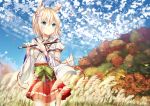  1girl absurdres animal_ears blonde_hair blue_eyes detached_sleeves fox_ears fox_tail highres huge_filesize japanese_clothes miko morerin original short_hair solo tail 