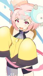  1girl :d asymmetrical_legwear bare_shoulders black_jacket blush character_hair_ornament commentary cosplay cowboy_shot doki_doki_literature_club eclipxare english_commentary fang grey_pantyhose hair_ornament highres iono_(pokemon) iono_(pokemon)_(cosplay) jacket legs_apart long_sleeves looking_at_viewer magnemite multicolored_jacket natsuki_(doki_doki_literature_club) open_mouth oversized_jacket pantyhose pink_eyes pink_hair pixiv_username pokemon pokemon_(creature) pokemon_sv short_hair short_twintails simple_background single_leg_pantyhose sleeves_past_fingers sleeves_past_wrists smile solo standing thigh_strap twintails twitter_username two-tone_jacket v-shaped_eyebrows white_background x_hair_ornament yellow_jacket 