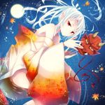  1girl autumn_leaves blue_hair goma_(11zihisin) horns japanese_clothes kimono leaf leaf_print looking_at_viewer mask moon original pointy_ears ponytail red_eyes solo star_(sky) 