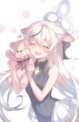  1girl ^_^ absurdres animal_ears black_dress black_hair black_streaks blue_archive blue_halo blush breasts china_dress chinese_clothes closed_eyes clothing_cutout commentary diamond_cutout dress fang grey_hair gyuromi158 halo hands_up highres holding holding_stuffed_toy kokona_(blue_archive) long_hair multicolored_hair open_mouth pelvic_curtain simple_background small_breasts solo streaked_hair striped_clothes striped_dress stuffed_animal stuffed_toy teddy_bear tiger_ears tiger_girl untranslatable_commentary upper_body vertical-striped_clothes vertical-striped_dress 