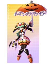  1girl black_helmet black_wings border deniacp full_body green_hair halloween_costume head_wings helmet highres holding holding_lantern holding_umbrella lantern long_hair mega_man_(series) mega_man_x_(series) mega_man_x_dive mega_man_zx model_w_(mega_man) official_alternate_costume pandora_(mega_man) red_eyes solo umbrella white_border wings 