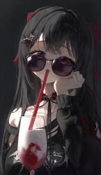  1girl absurdres black_background black_hair blue_eyes blunt_bangs bow choker chromatic_aberration drink drinking glass hair_bow hashtag-only_commentary head_rest highres long_hair looking_at_viewer macaroon303 shirayuki_hina simple_background solo stellive sunglasses 