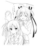  2girls :d ^_^ ahoge blush bunching_hair closed_eyes hair_half_undone hair_ribbon kamikita_komari kurimomo lineart little_busters!! monochrome multiple_girls open_mouth ribbon sasasegawa_sasami school_uniform smile two_side_up 