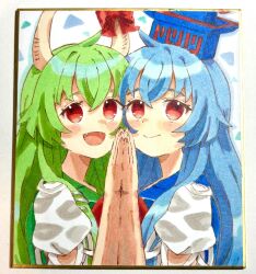  2girls blue_dress blue_hair blue_hat bow closed_mouth commentary_request dress dual_persona ex-keine fang from_side green_dress green_hair hand_on_another's_hand hand_up hat highres horn_bow horn_ornament horns kamishirasawa_keine koharu66353343 long_hair looking_at_viewer looking_to_the_side multiple_girls open_mouth photo_(medium) portrait puffy_short_sleeves puffy_sleeves red_bow red_eyes short_sleeves smile touhou traditional_media 