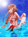  1girl asuna_(sao) bikini braid brown_eyes brown_hair long_hair sarong swimsuit sword_art_online toujirou wink yuuki_asuna 