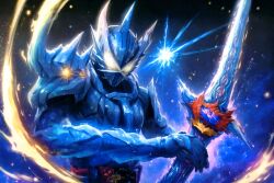  1boy absurdres armor blue_armor blue_bodysuit blue_gloves bodysuit gloves glowing glowing_eyes haouken_xross_saber highres holding holding_sword holding_weapon horns kamen_rider kamen_rider_saber kamen_rider_saber_(series) kamen_rider_xross_saber rider_belt seiken_swordriver single_horn solo sword tokusatsu upper_body weapon white_eyes yigor 