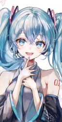  1girl aqua_eyes aqua_hair aqua_nails aqua_necktie aqua_trim armpit_crease bare_shoulders black_sleeves blush breasts collarbone collared_shirt commentary_request detached_sleeves fingernails hair_between_eyes hair_ornament hand_on_own_chest hatsune_miku headset highres long_sleeves looking_at_viewer medium_breasts nail_polish necktie open_mouth pipi_(pipinavigation) shirt simple_background sleeveless sleeveless_shirt solo upper_body vocaloid white_background 