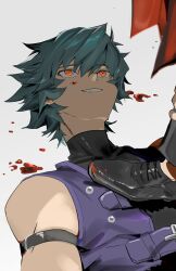  2boys absurdres bare_shoulders blood blood_on_face foot_on_chest green_hair grey_background highres johan_andersen lying multiple_boys on_back red_eyes sake_ygo short_hair simple_background solo_focus yu-gi-oh! yu-gi-oh!_gx 
