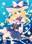  1girl alternate_costume blonde_hair blush bow braid broom fred0092 green_eyes hair_bow hat highres kirisame_marisa looking_at_viewer night night_sky open_mouth short_hair sitting_on_broom sky smile solo star star_(sky) touhou witch_hat wrist_cuffs 