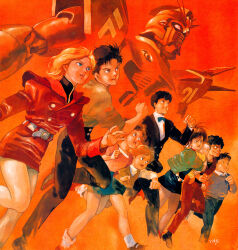  1990s_(style) 3girls 6+boys belt black_dress black_hair black_jacket black_pants black_shirt blonde_hair blue_bow blue_bowtie blue_eyes blue_skirt bow bowtie breasts brown_eyes brown_hair brown_sweater brown_vest cecily_fairchild collared_shirt commentary_request crossbone_vanguard dorothy_moore dress dwight_camry everyone f91_gundam floating_hair formal_clothes george_azuma green_jacket grey_belt grey_sweater gundam gundam_f91 highres jacket mecha medium_breasts military_uniform mobile_suit multiple_boys multiple_girls official_art orange_hair painting_(medium) pants pink_shirt production_art red_jacket red_pants reese_arno retro_artstyle robot running sam_ehrug scan science_fiction seabook_arno shirt short_hair signature skirt smile suit sweater sweater_tucked_in traditional_media v-fin vest white_shirt yasuhiko_yoshikazu 