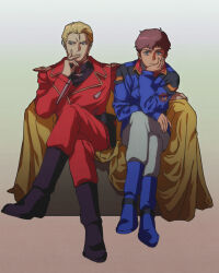  2boys amuro_ray blonde_hair blue_eyes boots brown_hair char's_counterattack char_aznable commentary_request couch crossed_legs epaulettes gundam hand_on_own_face highres jacket long_sleeves male_focus military_rank_insignia military_uniform multiple_boys retro_artstyle short_hair sitting yy0880yy 