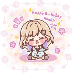  1girl :d ^_^ animal_slippers bear_hair_ornament bear_slippers black_camisole blush_stickers brown_hair brown_slippers brown_socks camisole character_name chibi closed_eyes collarbone commentary_request dated drawstring facing_viewer fang floral_background hair_ornament hairclip happy_birthday highres jacket kurumi_noah long_sleeves mitarashi_neko multicolored_hair notice_lines off_shoulder puffy_long_sleeves puffy_sleeves purple_hair sitting sleeves_past_fingers sleeves_past_wrists slippers smile socks solo striped_clothes striped_jacket two-tone_hair virtual_youtuber vspo! wariza white_background 