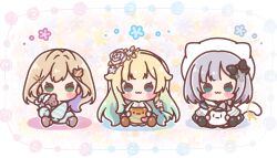  3girls :3 aizawa_ema animal_hat beret black_bow blonde_hair blue_eyes blue_hair blush_stickers bow brown_hair brown_hairband capelet chibi closed_mouth colored_shadow commentary_request floral_background fur-trimmed_headwear fur_trim gradient_hair green_eyes grey_hair hair_bow hairband hat highres holding jacket kaga_sumire key kurumi_noah long_hair long_sleeves mitarashi_neko multicolored_hair multiple_girls nightcap puffy_long_sleeves puffy_sleeves shadow shirt sitting sleeves_past_fingers sleeves_past_wrists striped_clothes striped_jacket stuffed_animal stuffed_toy tail teddy_bear very_long_hair virtual_youtuber vspo! white_background white_capelet white_hat white_shirt 