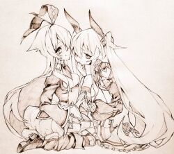  2girls alice_(grimms_notes) alice_(original)_(grimms_notes) breasts bubble_skirt chaos_alice_(grimms_notes) chaos_alice_(original)_(grimms_notes) closed_mouth clothing_cutout commentary_request frilled_skirt frills grimms_notes hair_between_eyes hand_up heart_cutout long_hair long_sleeves monochrome multiple_girls puffy_long_sleeves puffy_sleeves shino_(5no) skirt smile socks spiky_hair striped_clothes striped_socks traditional_media twintails very_long_hair 