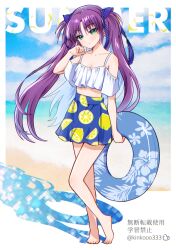  1girl alternate_costume arm_at_side bare_shoulders barefoot beach blue_ribbon blue_skirt blush closed_mouth collarbone commentary day english_text floating_hair floral_print food_print fruit_print full_body green_eyes hair_ribbon hand_up hibiscus_print high-waist_skirt highres holding holding_swim_ring lace-trimmed_ribbon lace_trim leaf_print lemon_print little_busters! long_hair looking_at_viewer ocean off-shoulder_shirt off_shoulder outdoors parted_bangs piyo_(kinkooo333) purple_hair ribbon sasasegawa_sasami shirt short_sleeves sidelocks signature skirt smile solo spaghetti_strap split_mouth standing straight_hair summer swim_ring tiptoes toes tsurime twitter_username very_long_hair white_shirt 