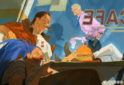  3boys blonde_hair blue_necktie brown_shoes buggy_the_clown burger cigar clown_nose crocodile_(one_piece) dazuzuzu donquixote_doflamingo earrings feet_on_table food grid_teeth highres holding indoors jewelry multiple_boys multiple_rings necktie one_piece pants pink_shirt polka_dot polka_dot_shirt ponytail ring shirt shoes smoking stitched_face stitches watch watch white_pants 