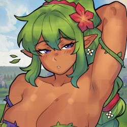  1girl arm_up armpit_crease armpits bare_shoulders barefoot bikini body_freckles braid breast_freckles breasts clenched_teeth dark-skinned_female dark_skin dryad dryad_(terraria) flower freckles green_hair hair_flower hair_ornament highres johnv large_breasts leaf_bikini leaf_bra leaf_clothing leaf_skirt long_hair looking_at_viewer monster_girl navel parted_lips plant plant_clothing plant_girl plant_tail pointy_ears ponytail portrait solo swimsuit teeth terraria upper_body vines violet_eyes 