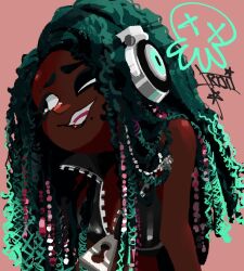  1girl dark-skinned_female dark_skin green_hair headphones marina_(splatoon) mole mole_under_mouth one_eye_closed riji_monogatari smile solo splatoon_(series) splatoon_2 teeth 
