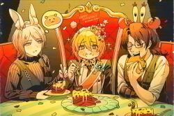  +_+ 1boy 2girls :d animal_ear_fluff animal_ear_hairband animal_ears arthropod_limbs beard_stubble birthday birthday_party black-framed_eyewear black_coat blonde_hair blue_eyes blush_stickers bow breasts brown_hair brown_sweater bug burger cake cake_slice character_hair_ornament chinstrap chipmunk closed_eyes closed_mouth coat cockroach cockroach_eating_krabby_patty_(meme) commentary confetti don_quixote_(project_moon) double-parted_bangs eating elbow_on_table facial_hair fake_animal_ears faust_(project_moon) film_grain food food_on_face fork glasses goatee_stubble gregor's_cockroach_(project_moon) gregor_(project_moon) grey_vest hair_between_eyes hair_bow hair_ornament hairband happy_birthday hat hat_bow hat_ornament heart heart_hair_ornament highres holding holding_burger holding_food holding_fork holding_plate lapel_pin limbus_company long_sleeves looking_ahead looking_at_viewer low_ponytail medium_breasts medium_hair meme mr._krabs multiple_girls mustache_stubble necktie open_clothes open_coat open_mouth orange_sash oxy_(ho2) parted_bangs parted_lips party_hat pink_bow plate ponytail pov_across_table project_moon puffy_cheeks rabbit_ears red_necktie ribbon sash scanlines shirt short_hair shoulder_sash sitting sleeves_rolled_up smile sparkle speech_bubble spongebob_squarepants_(series) spotlight spring_(object) squirrel star_(symbol) star_hat_ornament stubble sweater table teeth thought_bubble throne turtleneck turtleneck_sweater twitter_username untranslatable_commentary upper_teeth_only vest voice_actor_connection white_hair white_ribbon white_shirt 