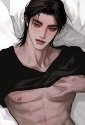  abs artist_name black_hair black_shirt brown_eyes closed_mouth clothes_lift cowboy_shot earrings expressionless faxparduo fingernails from_above hand_on_own_chest highres jewelry lips looking_at_viewer lying male_focus nipple_piercing nipples on_back original parted_bangs pectorals piercing shirt short_hair single_earring solo sweat sweatdrop t-shirt toned toned_male white_background 